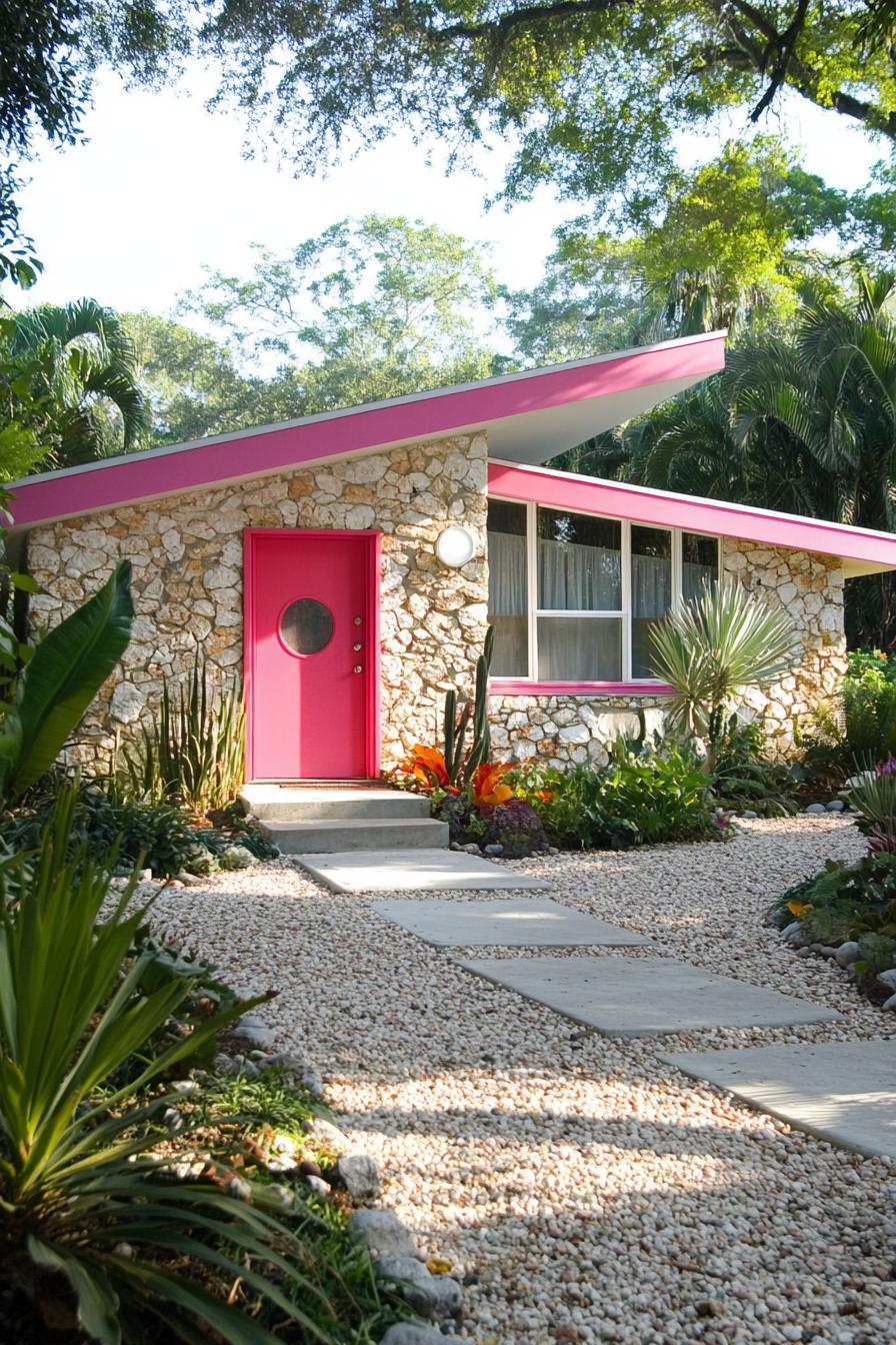 Mid-century modern house with a pink door and stone facade