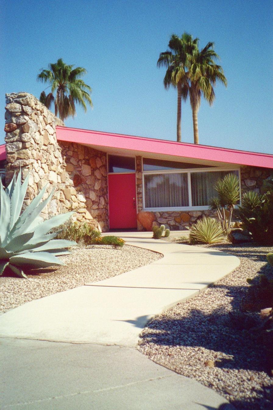 Mid-century modern house with a pink roof and red door