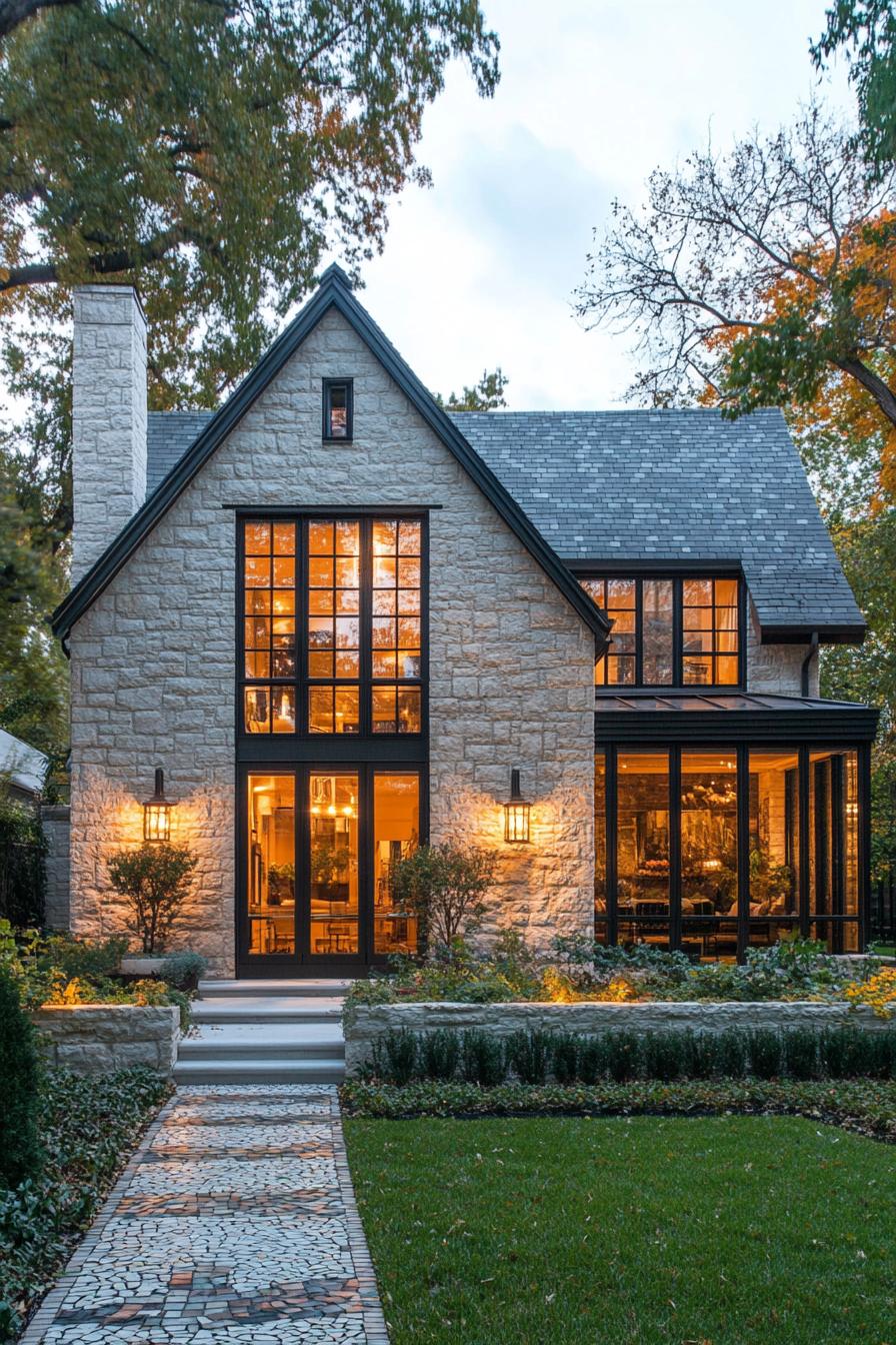 Stone house with grand windows and mosaic path