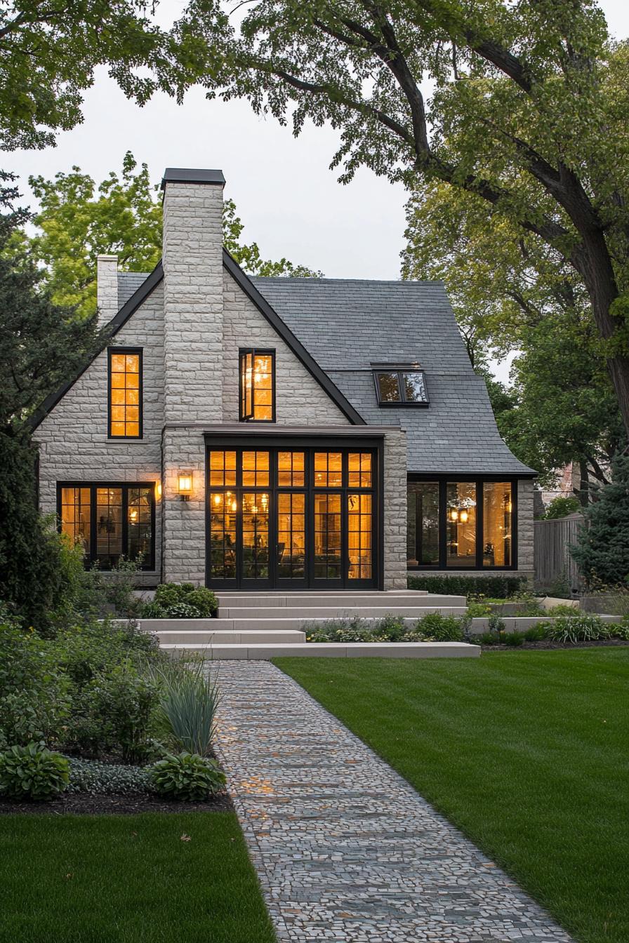 Stone house with glowing windows, surrounded by trees