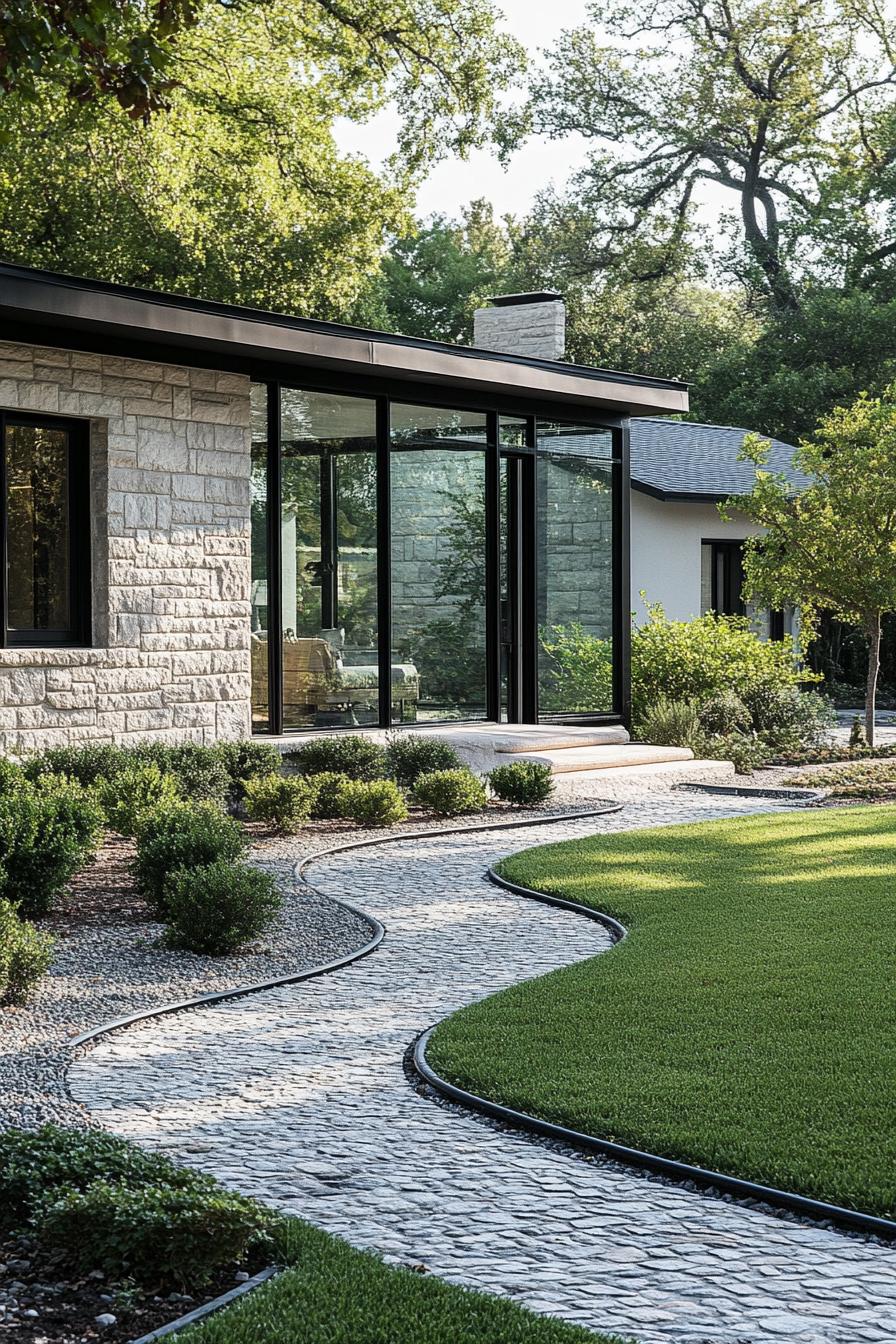 Modern stone house with extensive glass walls and a winding pathway