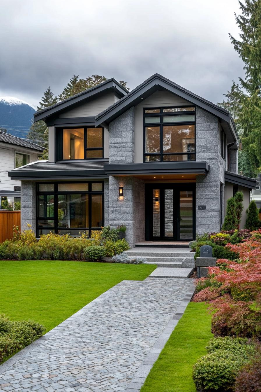 Contemporary stone house with black-framed windows