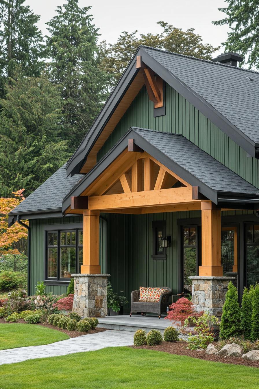 Front porch of a modern green farmhouse with wooden beams