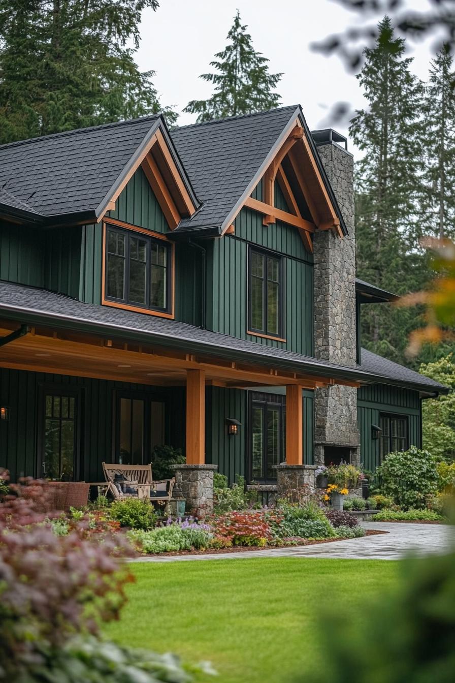 Modern farmhouse with dark green siding and stone chimney