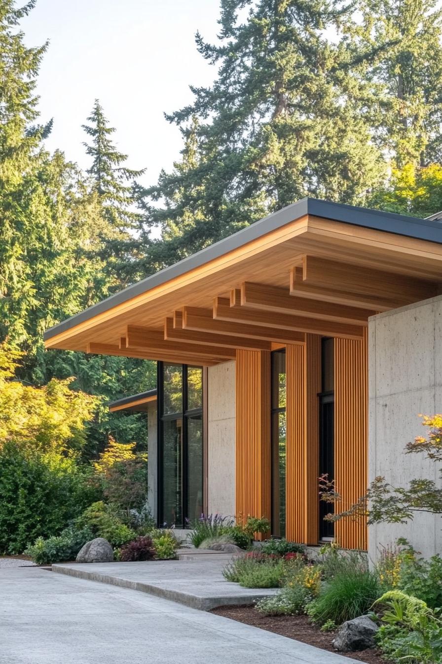 Flat roof house nestled among tall trees