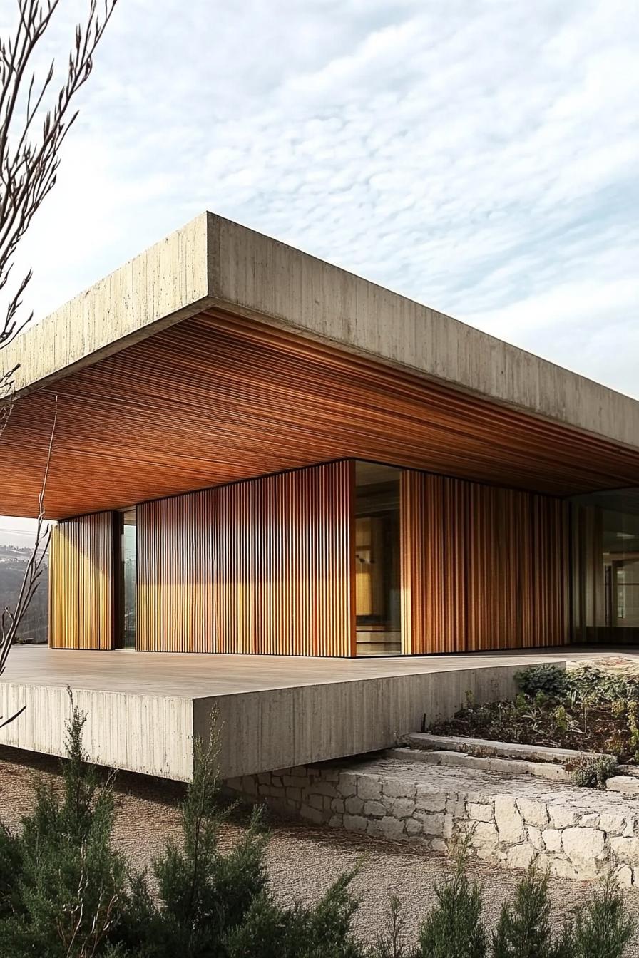 Flat roof house with wooden slats and expansive porch