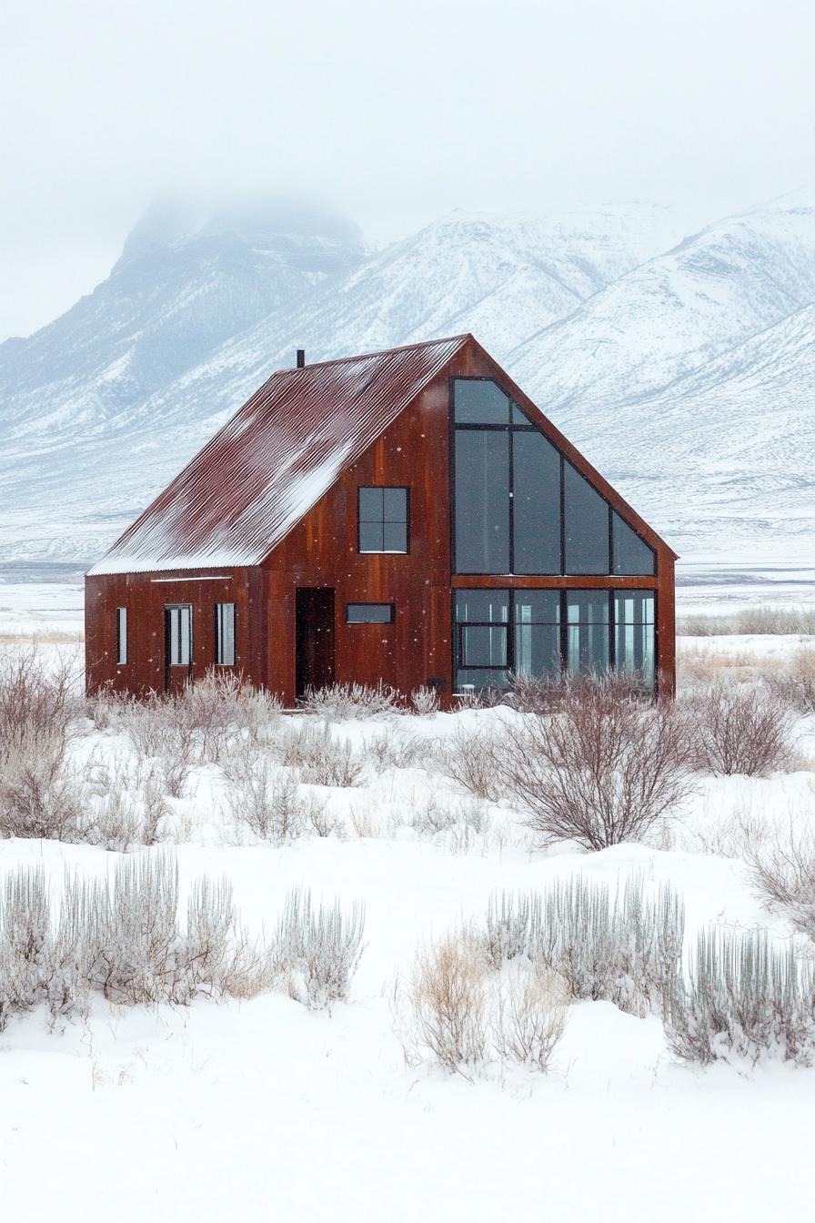 Snow-covered metal home in winter landscape