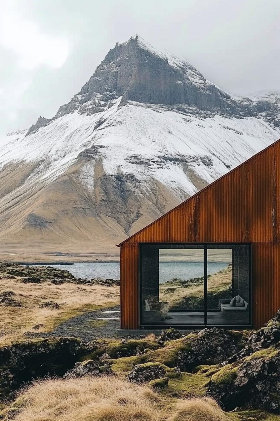 Rustic cabin nestled in a snowy mountain landscape