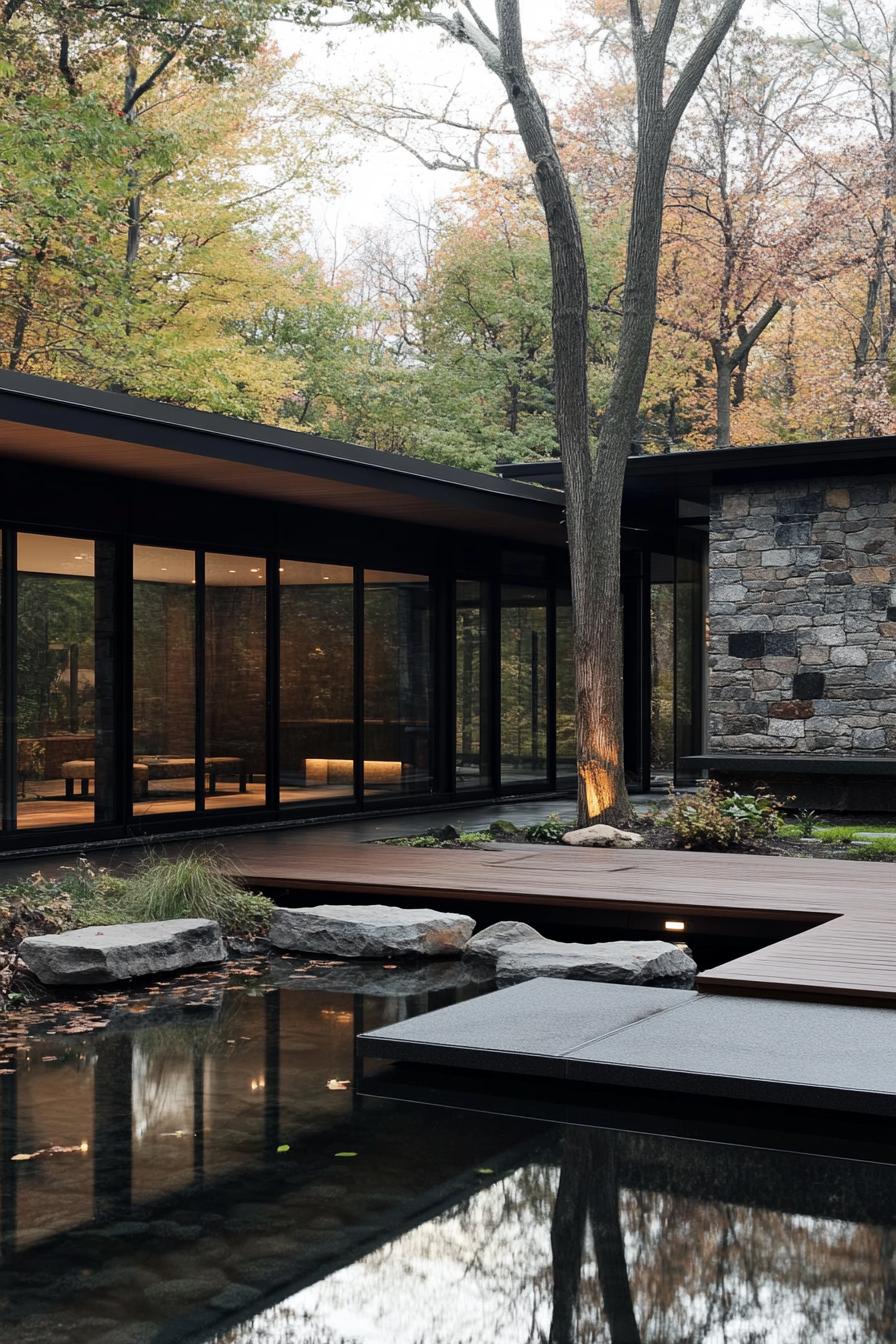 Modern house with glass walls and surrounding trees