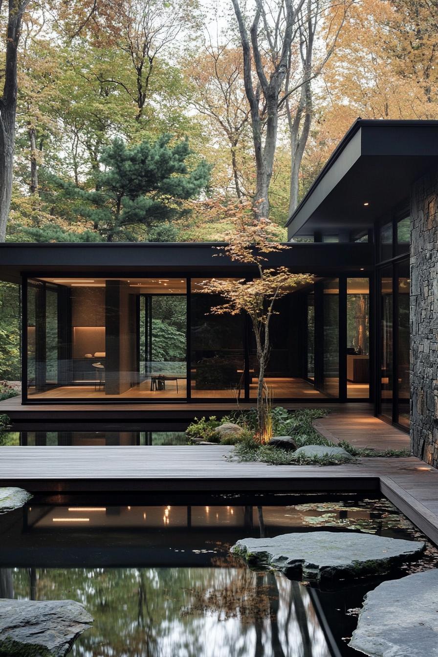 Modern house with large glass windows surrounded by trees