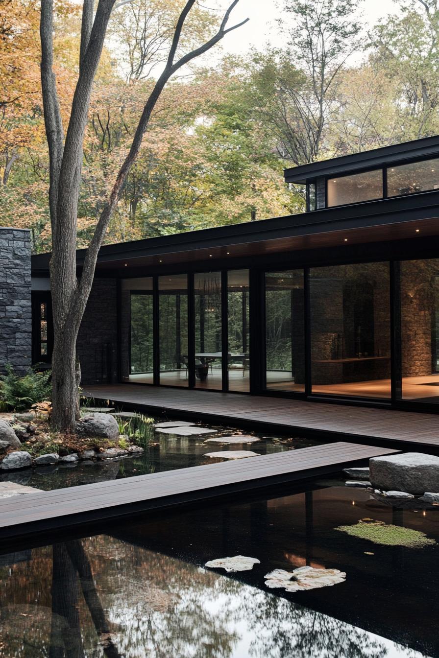 Modern glass house with a reflective pond