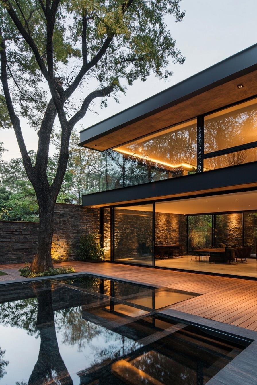 Modern house with large glass windows overlooking a serene pool