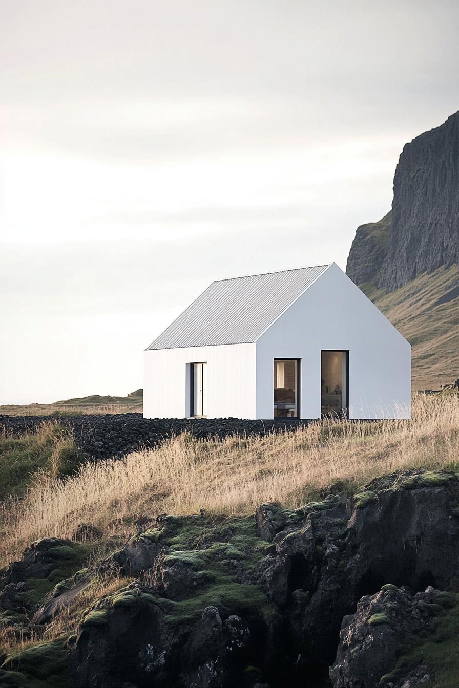 Minimal white house on a grassy hillside