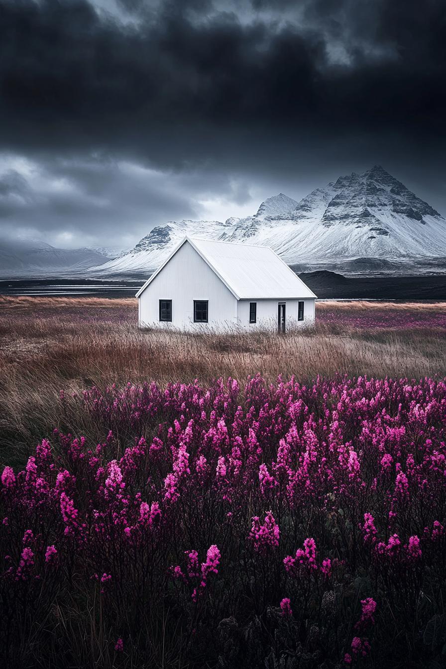 Small white barn in a field of pink flowers with mountains in the background