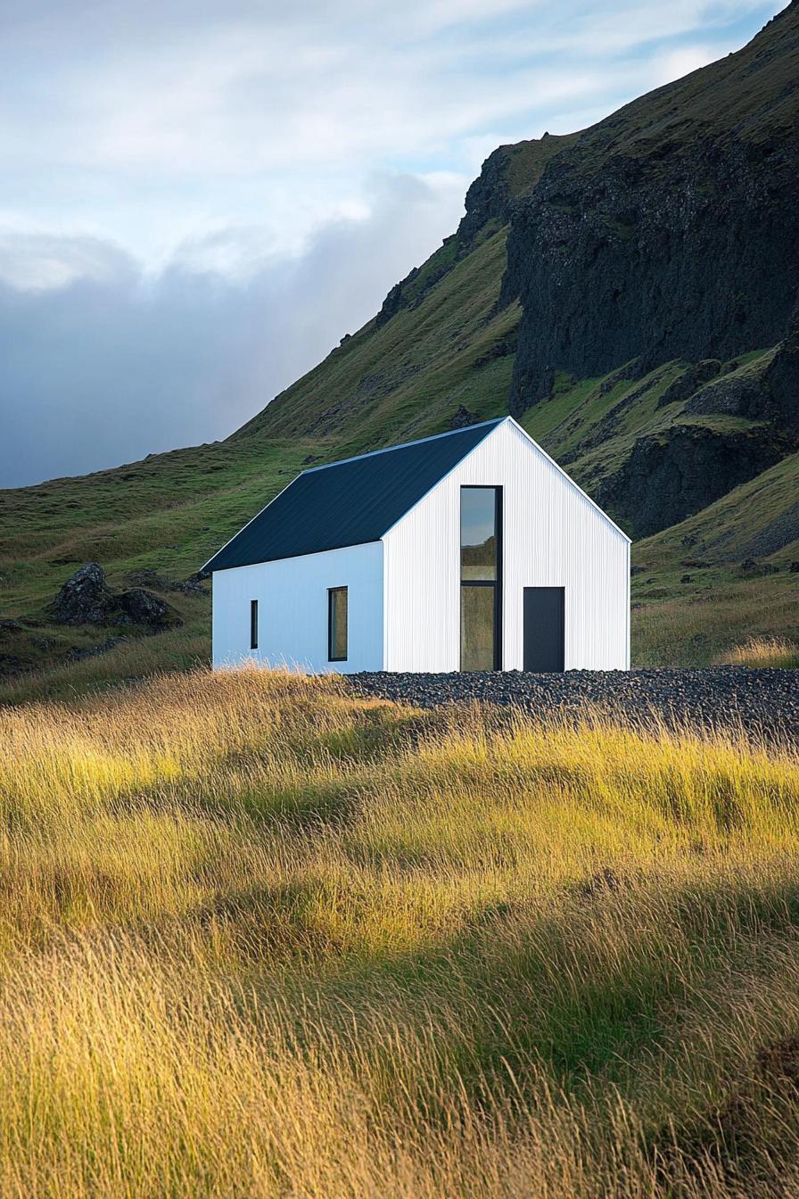 White house nestled among grassy hills