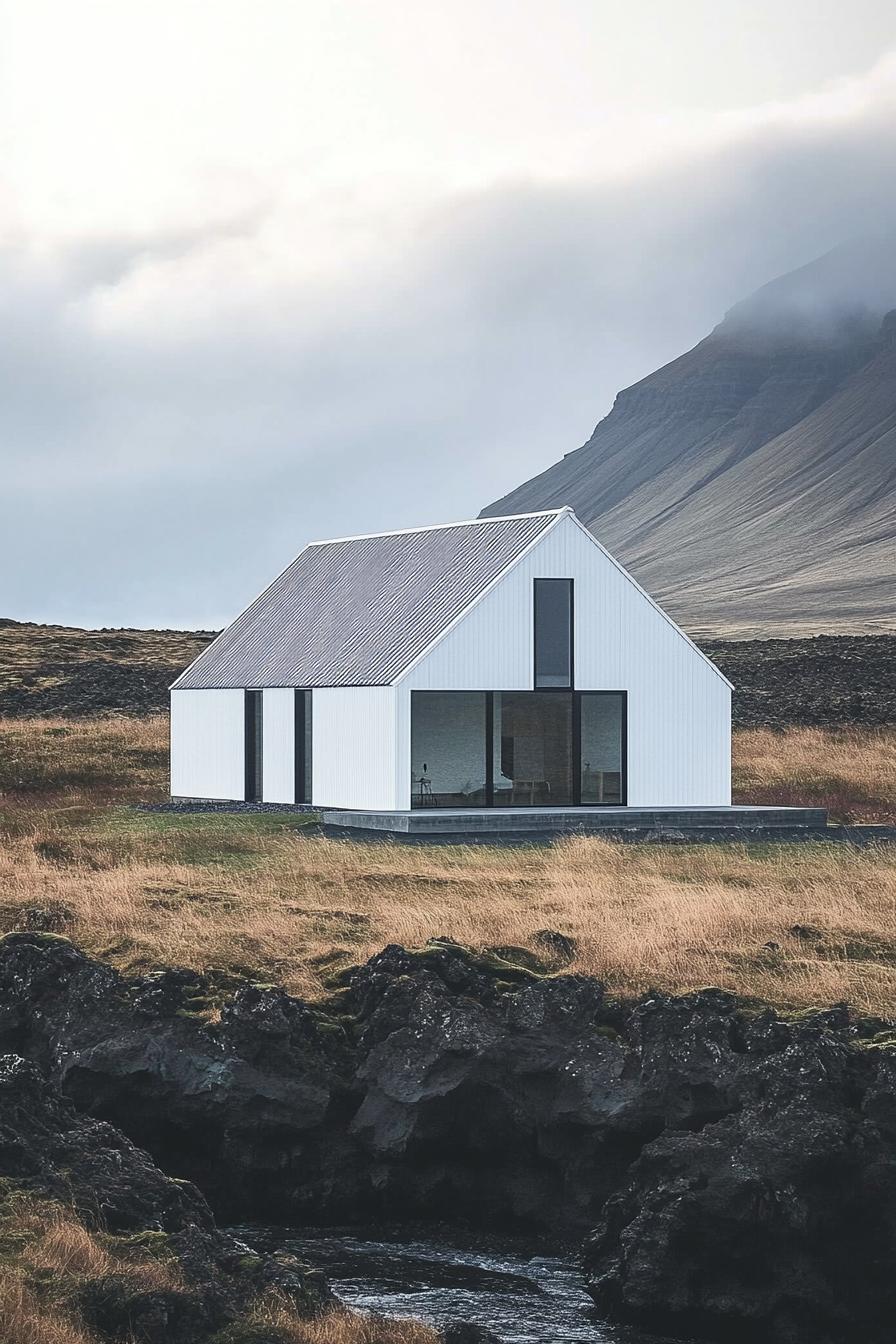 Minimalist white barn with large windows in a mountainous landscape