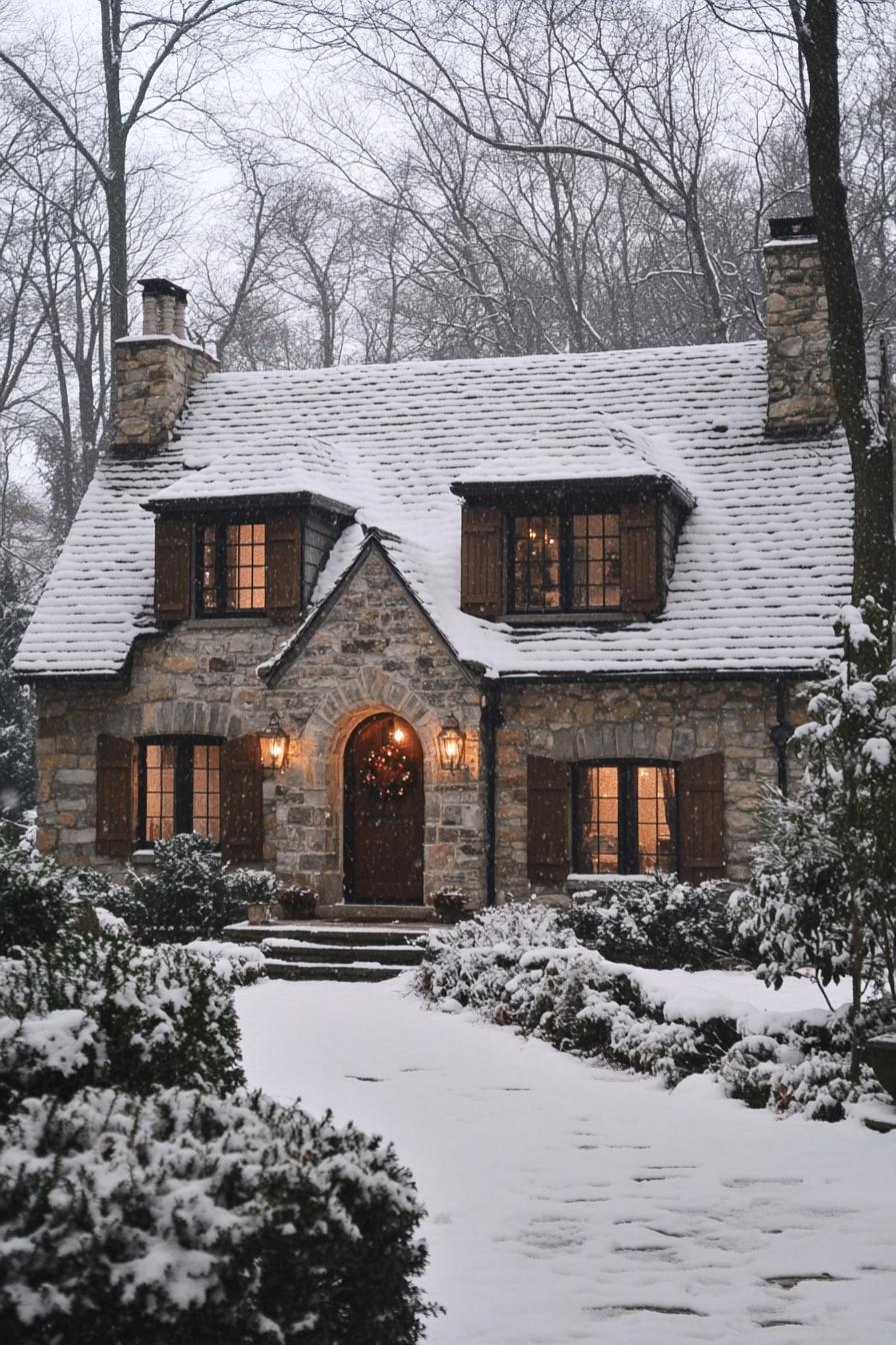 Charming snow-dusted stone cottage surrounded by trees