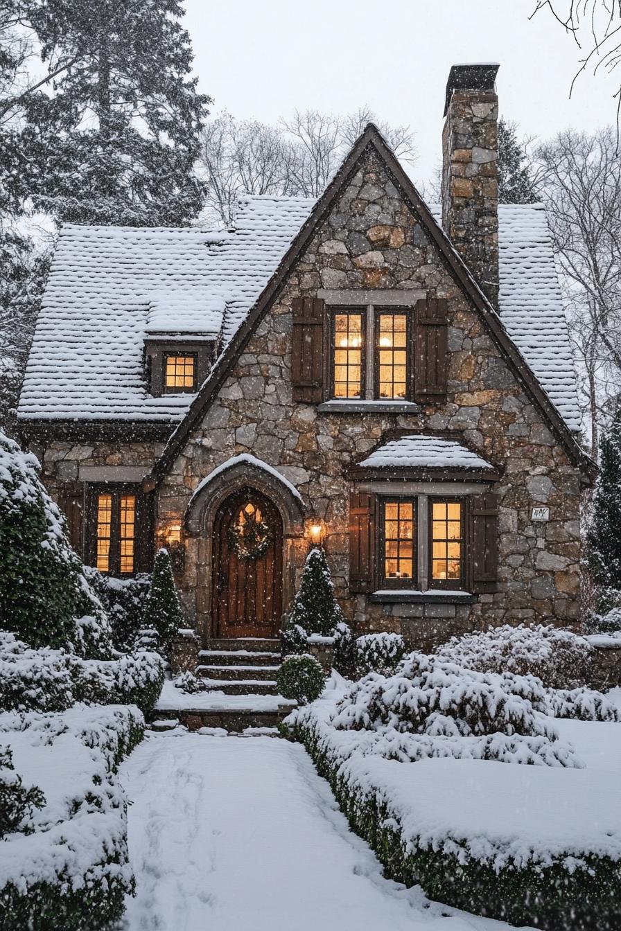 Charming stone house with snow-covered roof and glowing windows