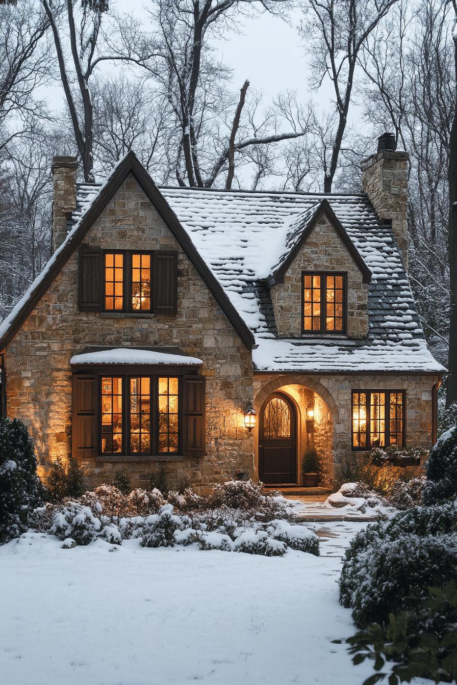 Charming stone cottage with glowing windows in a snowy landscape