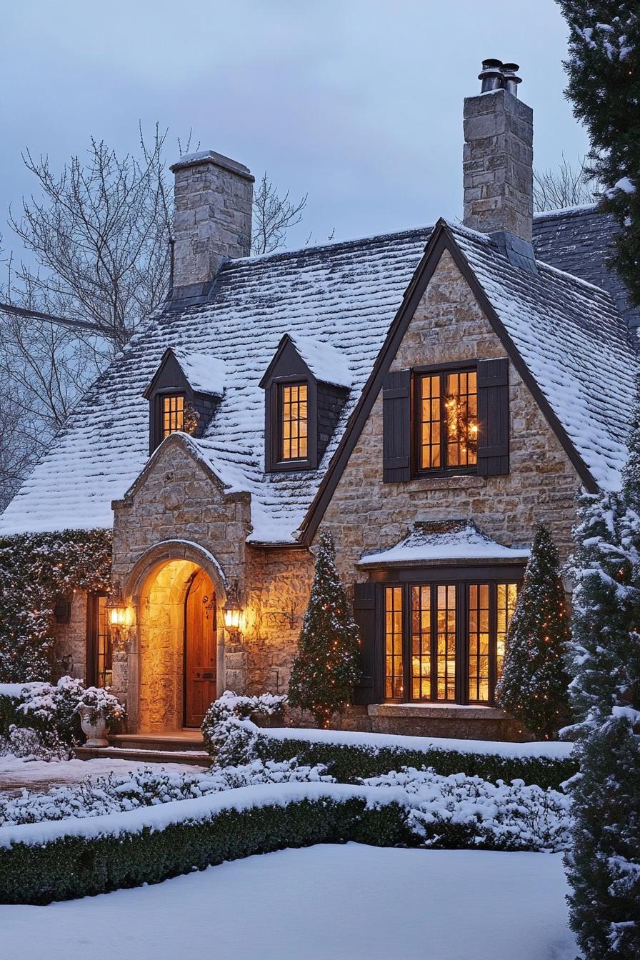 Snowy Stone Cottage with Warm Glow