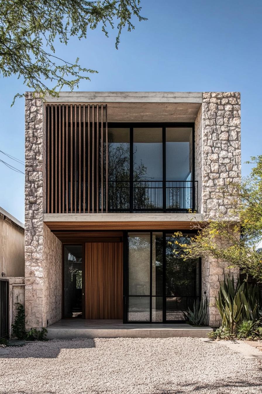 Modern flat roof house with stone and glass facade