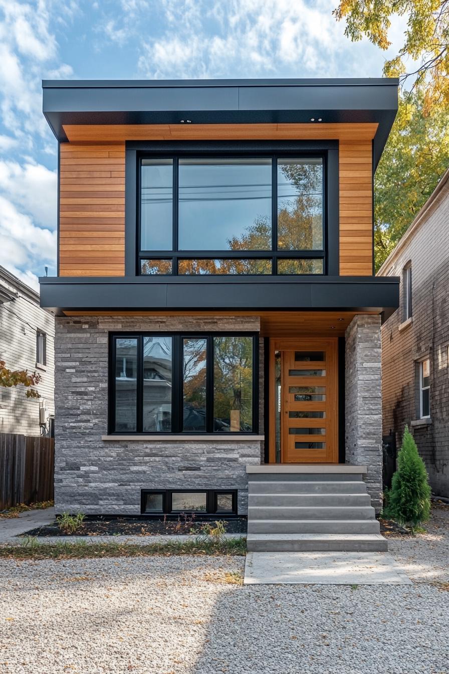 Modern flat-roofed house with wood and stone facade