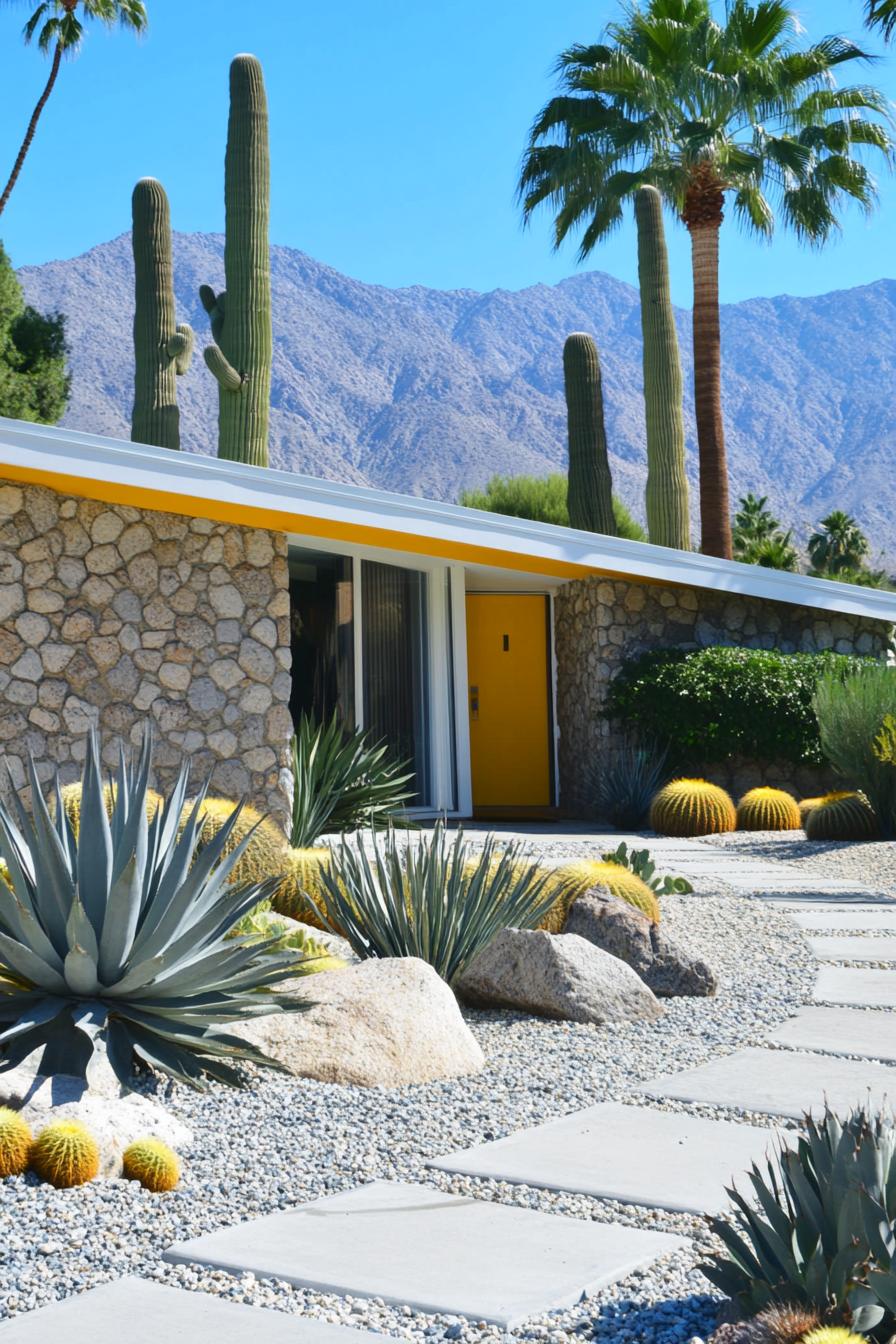 Mid-century home with vibrant yellow door and cactus garden