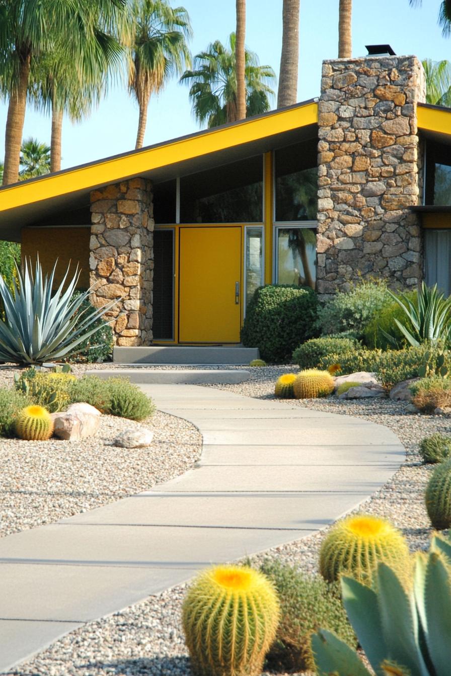 Stylish mid-century home with yellow door and stone facade