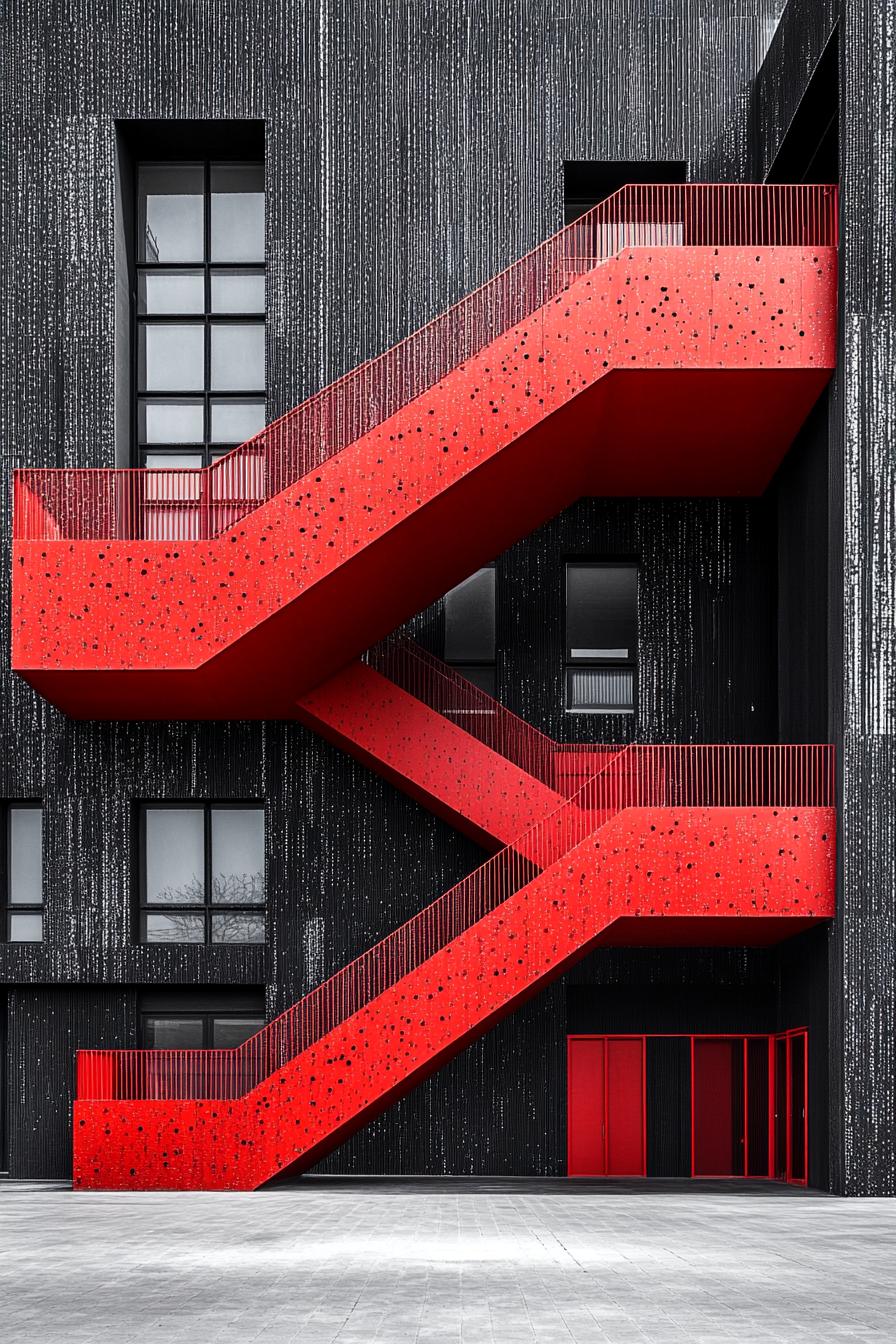 Red staircase against a dark, textured building facade