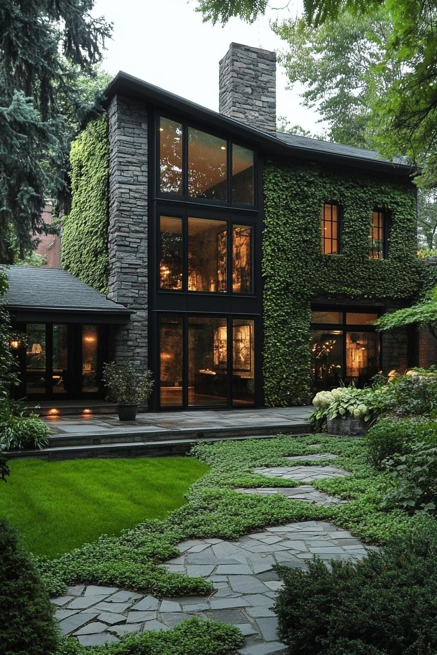 Cozy stone house with glass windows and lush exterior