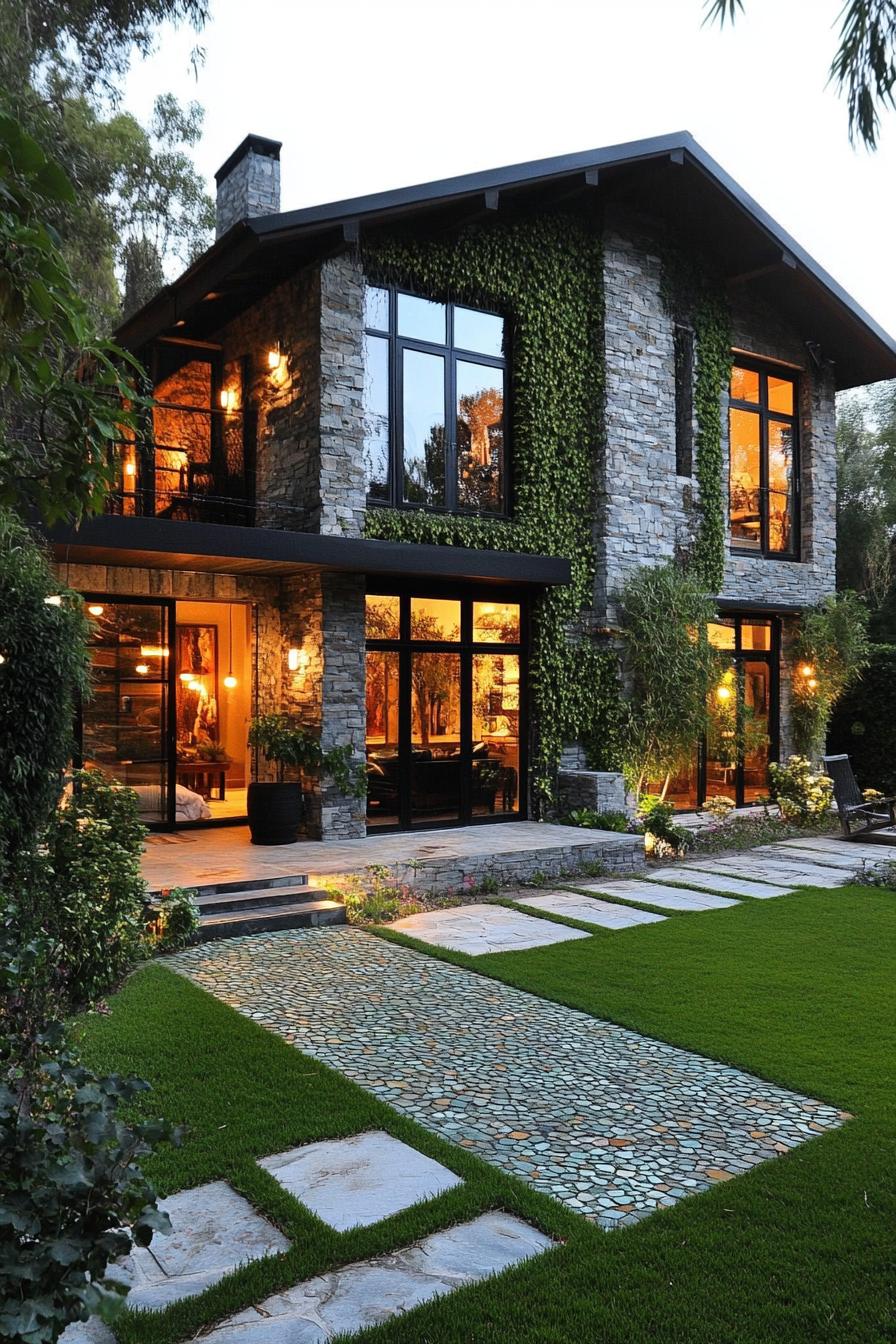 Cozy stone house with large windows and lush ivy