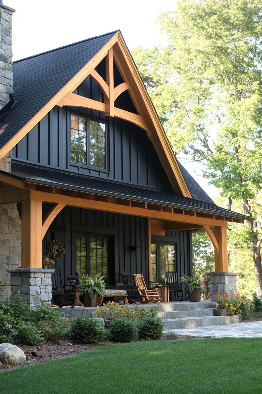 Charming farmhouse porch with wooden beams and garden