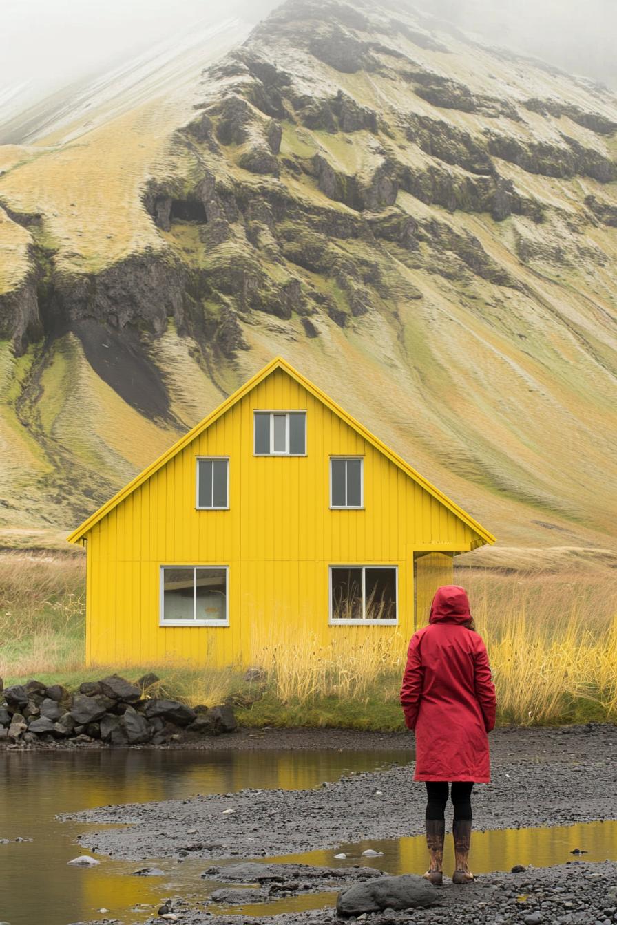 Bright yellow metal house near mountain landscape