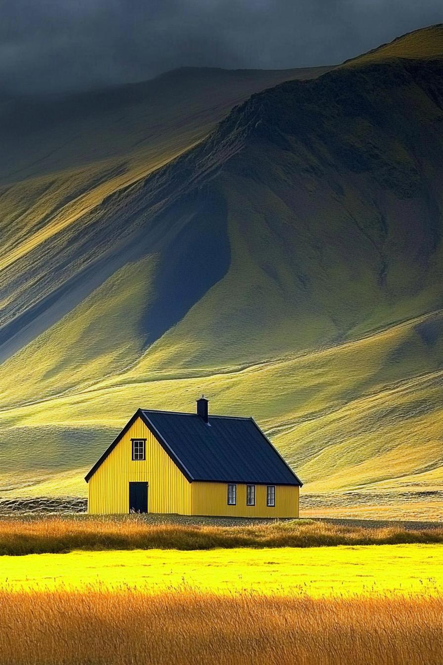 Bright yellow barn in a vibrant meadow