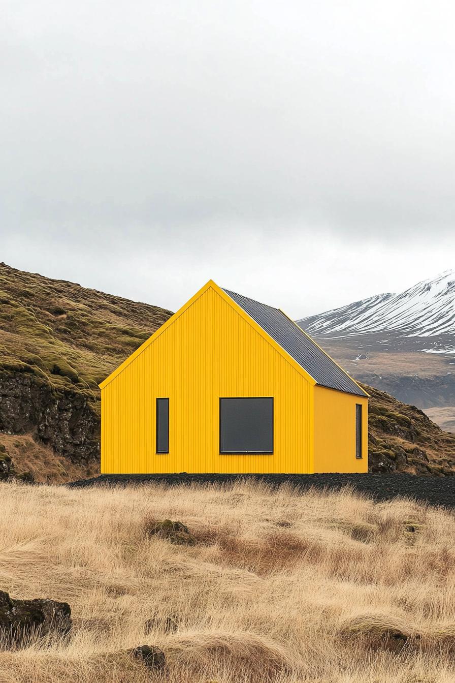 Bright yellow barndominium in a grassy landscape