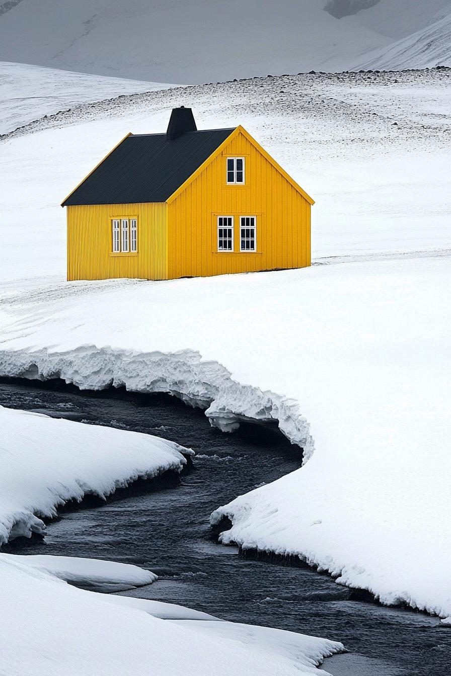 Bright yellow cabin in a snowy landscape with a river