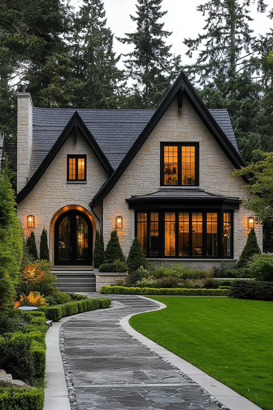 Stone house with illuminated windows and lush greenery