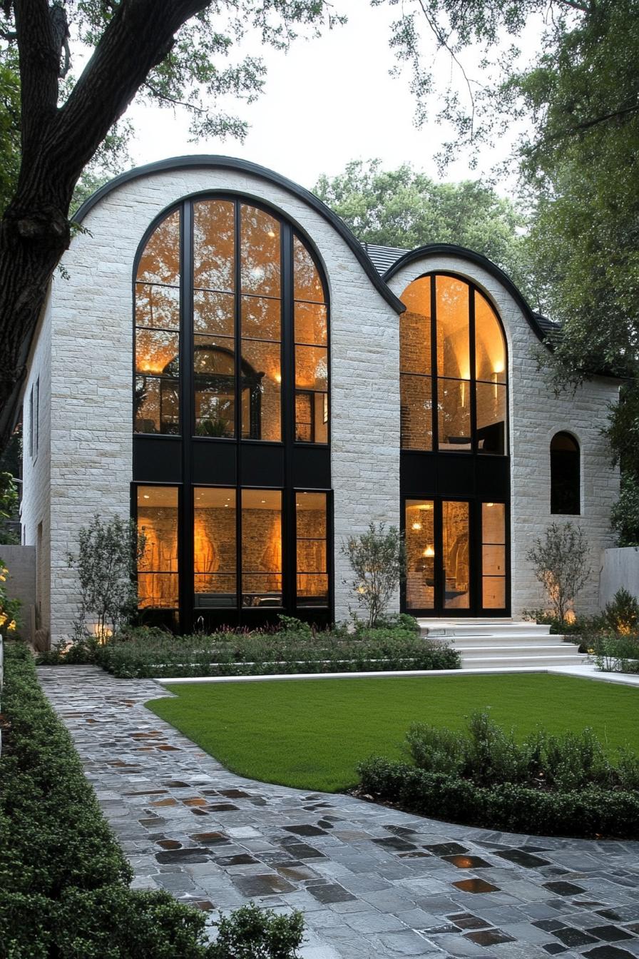 Contemporary stone house with large arched windows