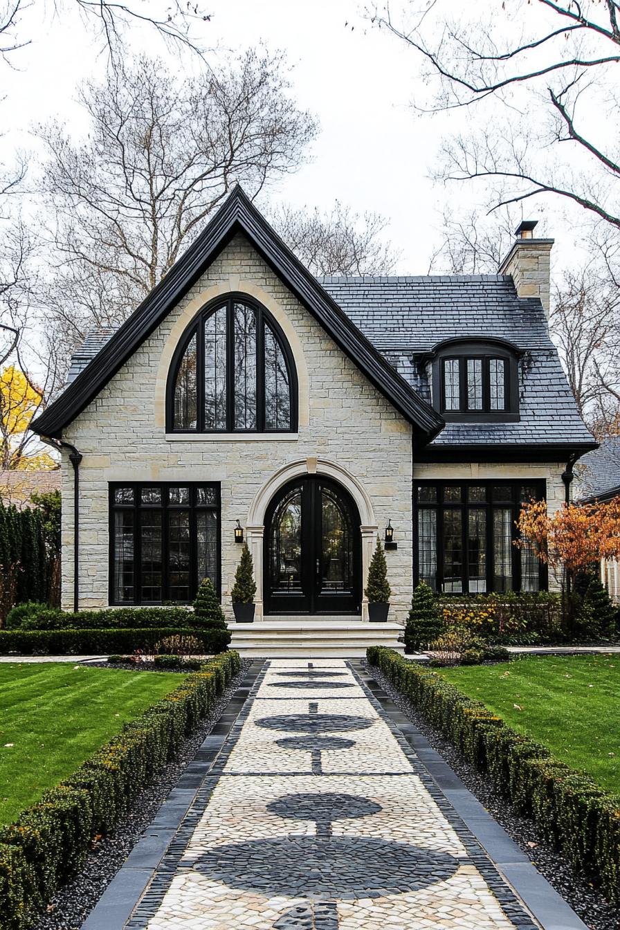 Stone house with arched windows and shrubs