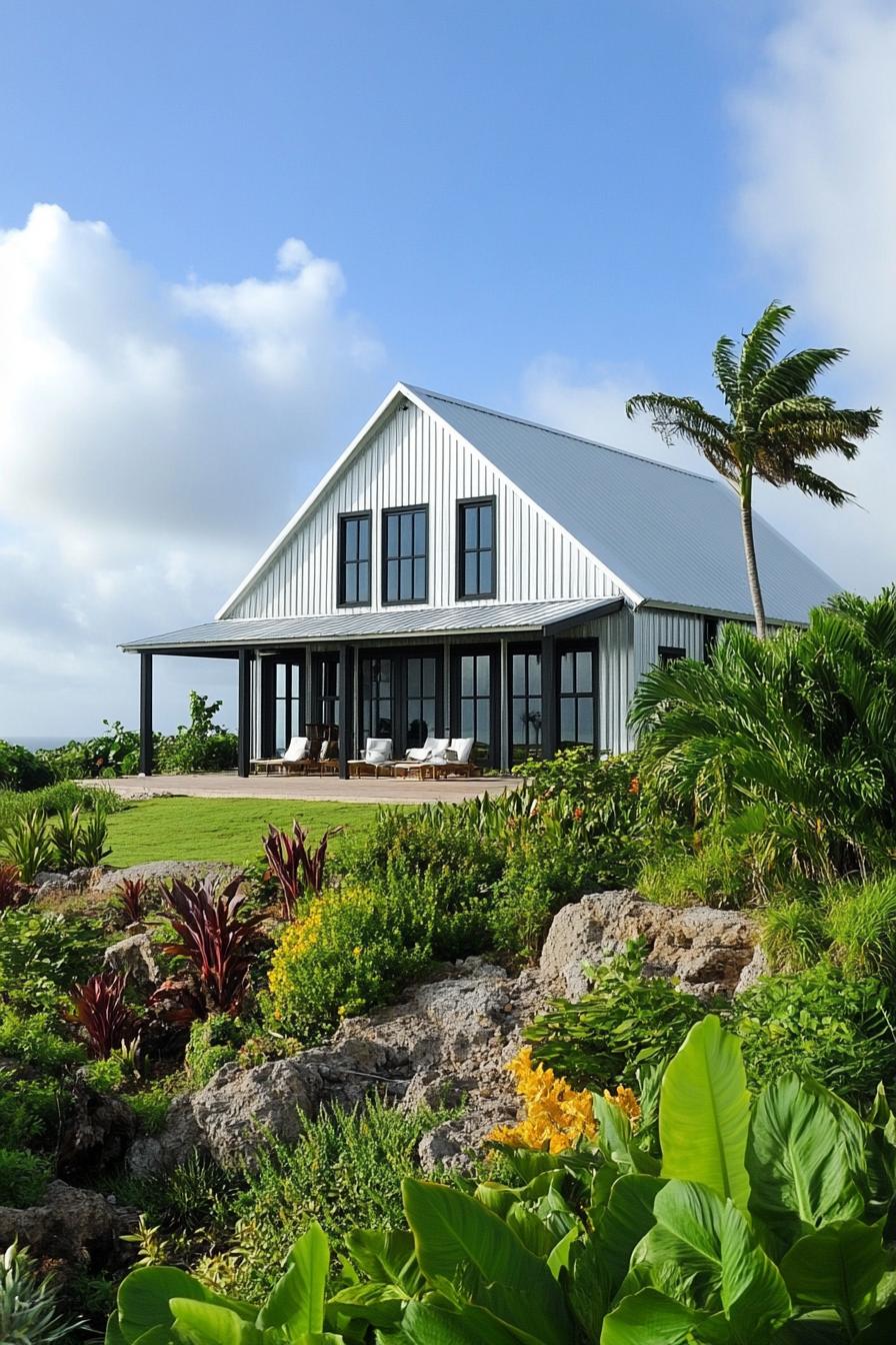 A metal house nestled in lush greenery