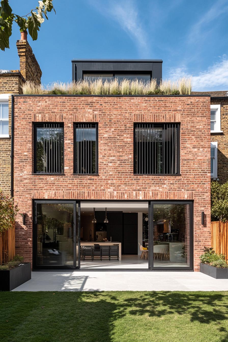 Flat roof house with brick facade and glass doors