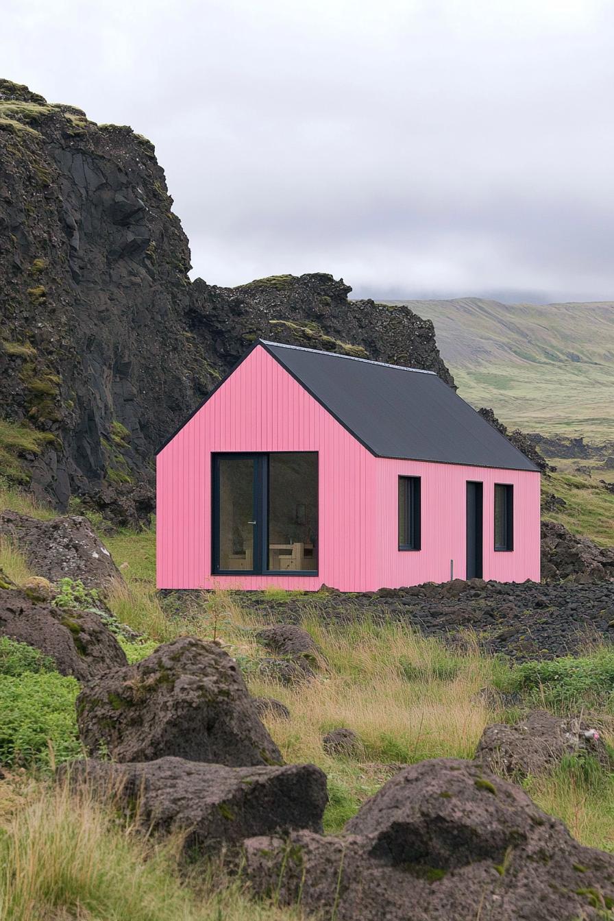 Pink house nestled among rocky hills