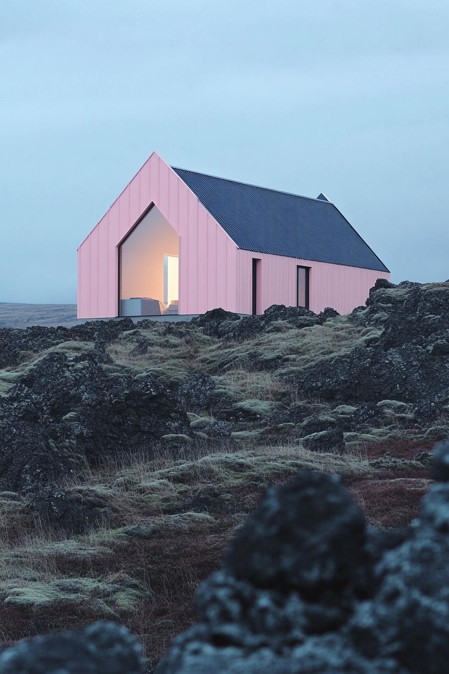 Bright pink barndominium nestled among rocks