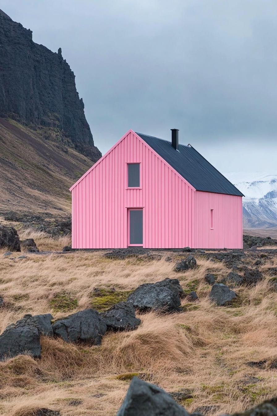 Pink house with mountains in the background