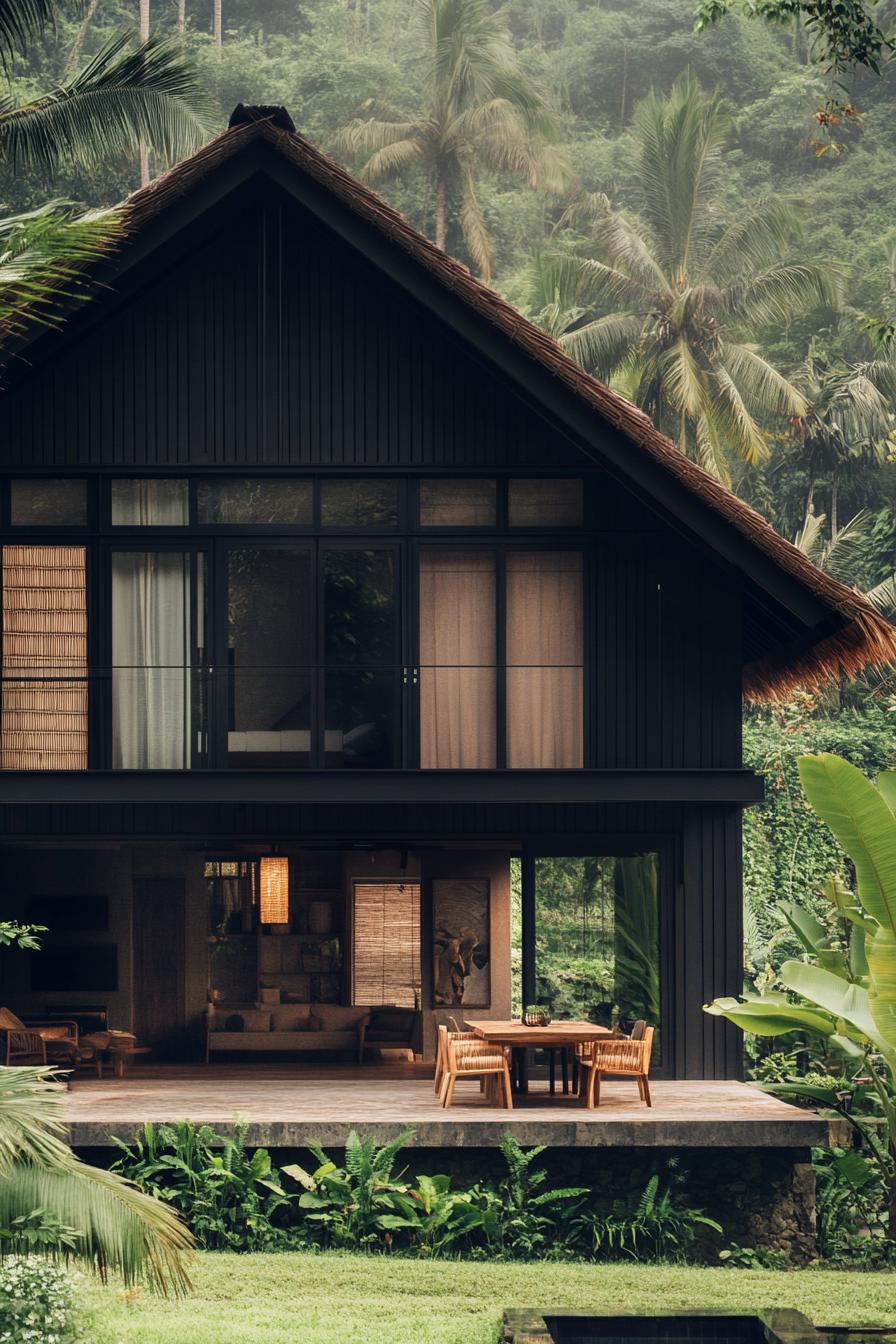 Two-story metal house with lush greenery backdrop