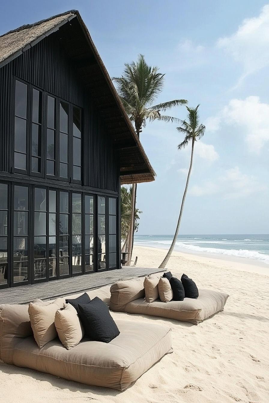 Modern black metal house on a sandy beach, palm trees swaying