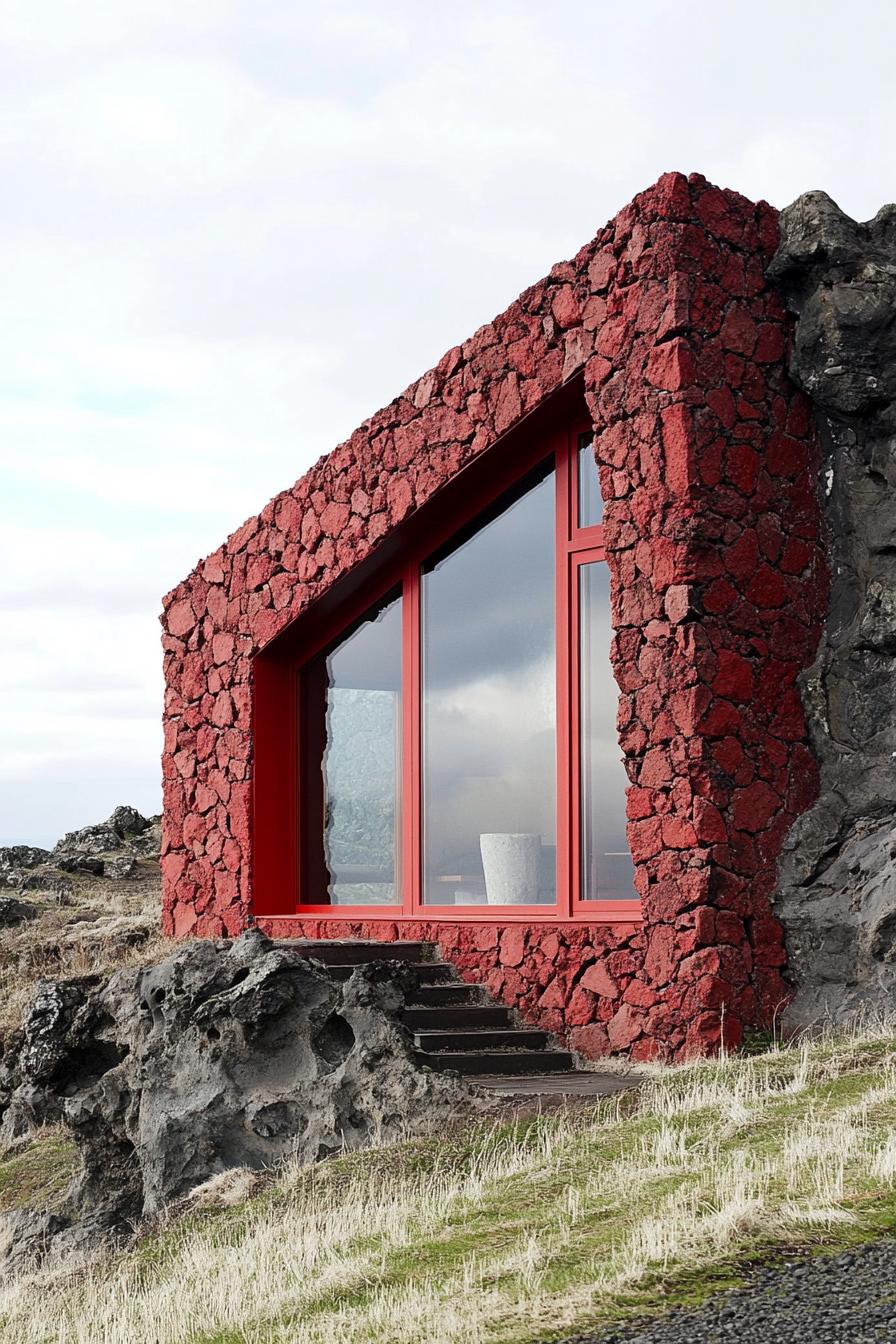 House with red stone exterior and large window