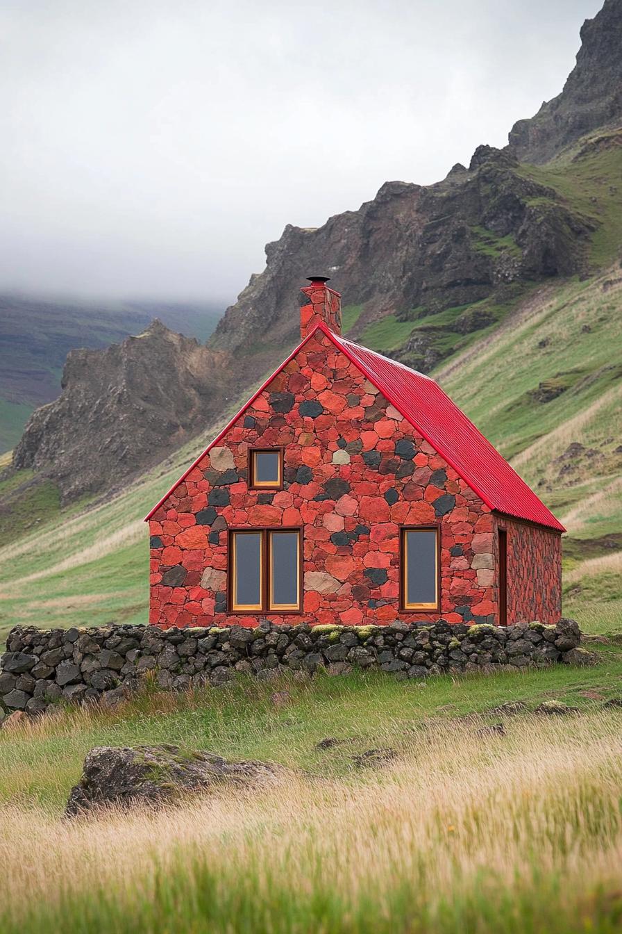 Bright red stone house against rocky cliffs