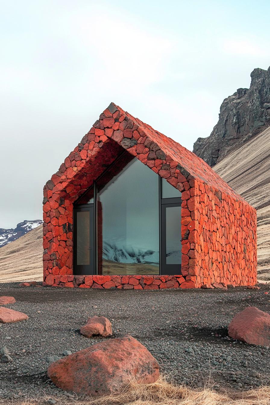 Fiery stone house with a glass front