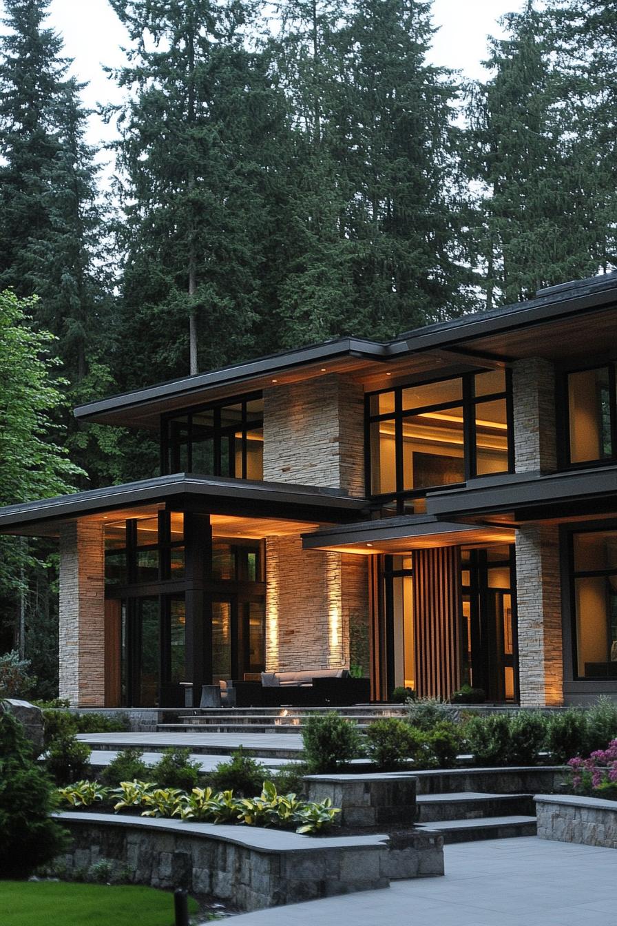 Modern flat roof house surrounded by tall pine trees